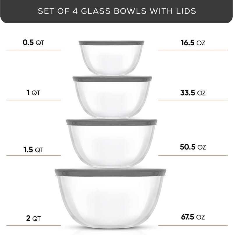 JoyJolt Kitchen Mixing Bowls - 8pc Glass with Lids Set – Neat Nesting Large Bowl Batter Cooking Storage and Big Salad BPA-Free Gray - Image 2